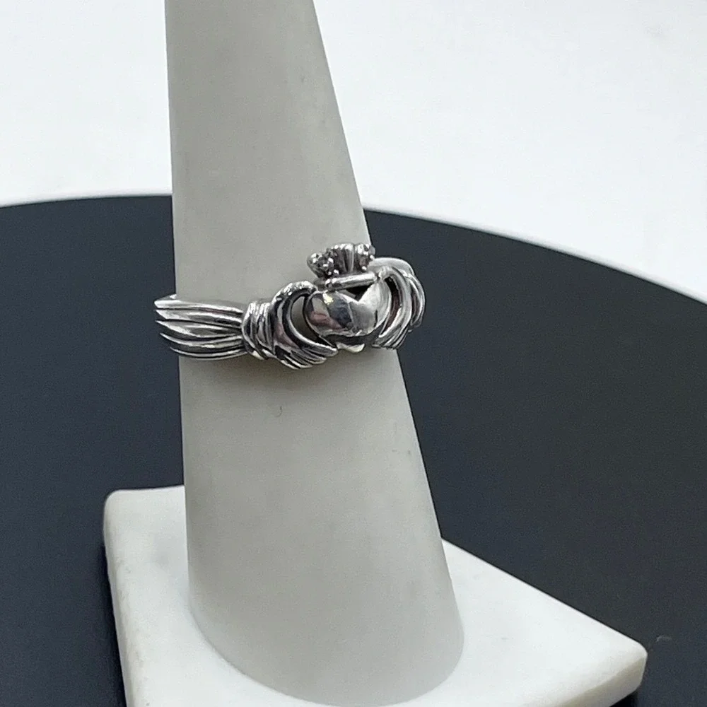 LJ Lucent Jewel Vintage Sterling Silver Irish Claddagh Ring Diamond Accents 7.25